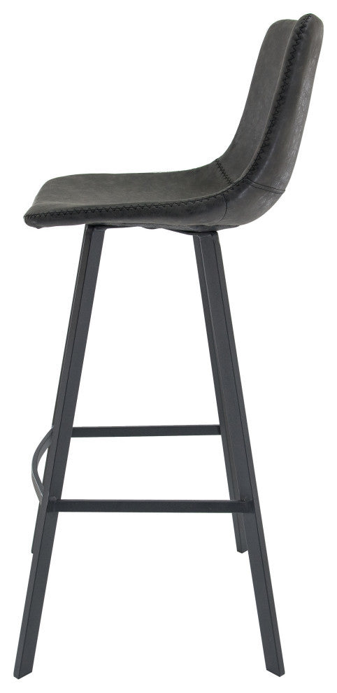 LeisureMod Elland Modern Leather Bar Stool Iron Legs Set of 2, Charcoal Black