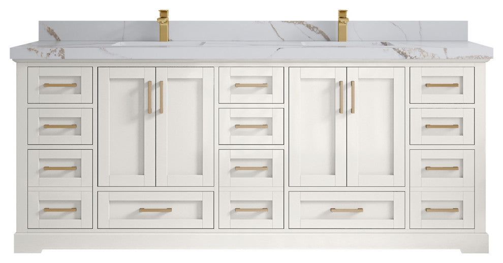 Boston 84" Double Sink Bath Vanity in Alabaster 2" Calacatta Gold