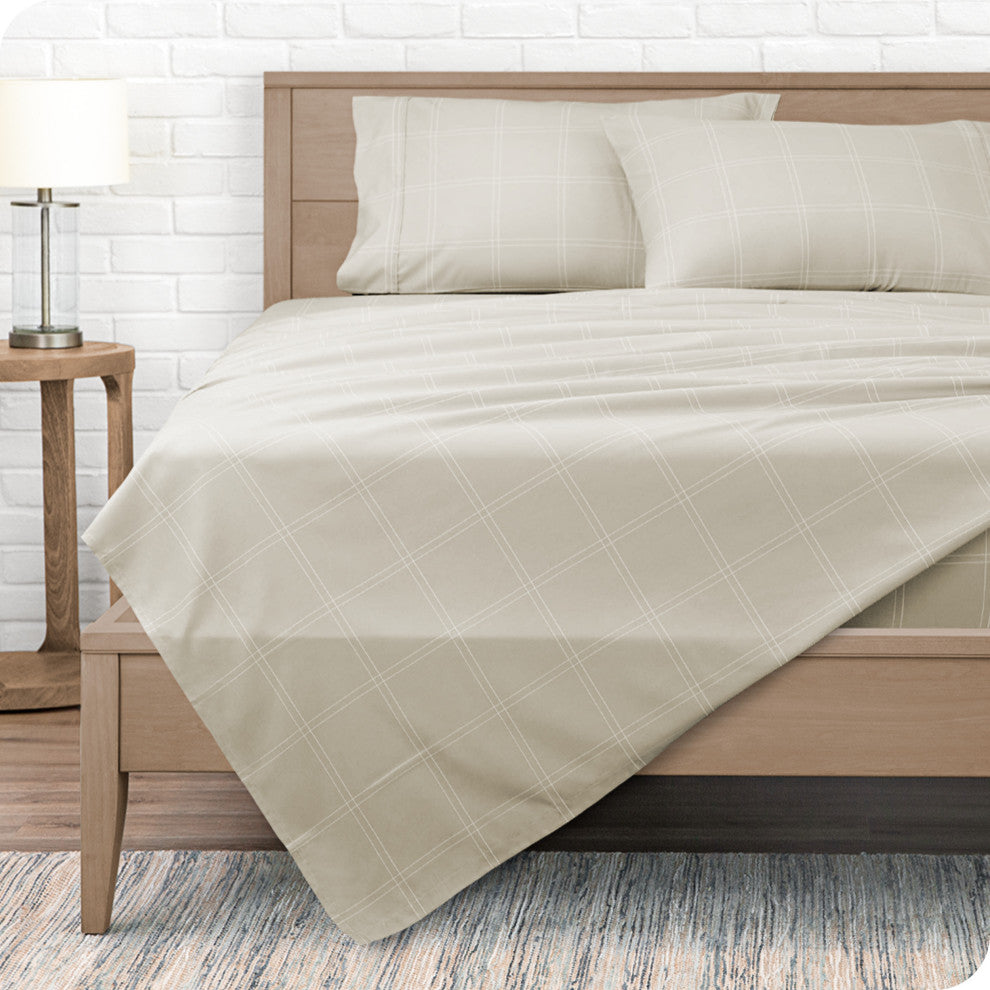 1800 Microfiber Printed Sheet Set, Modern Plaid - Stone/White, Full