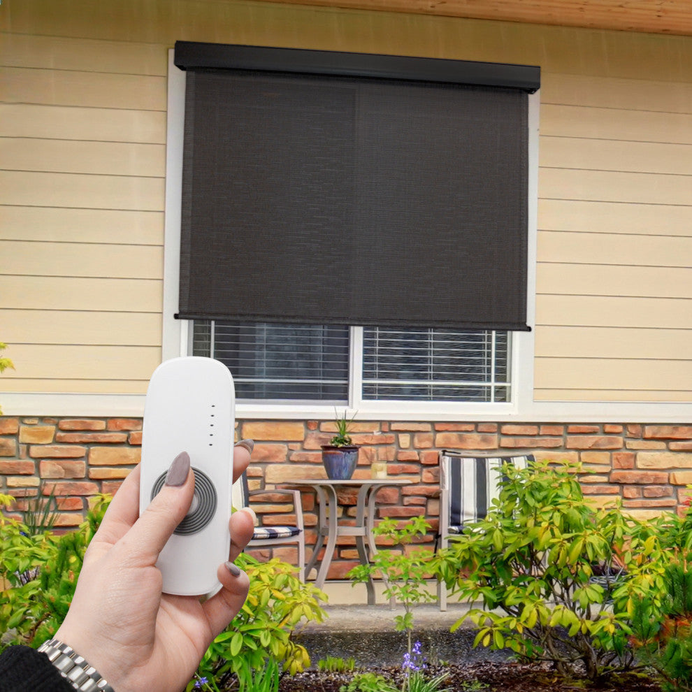 Outdoor Valanced Remote Control Operated Sunshade, Pearl Fabric, Obsidian, 72x96