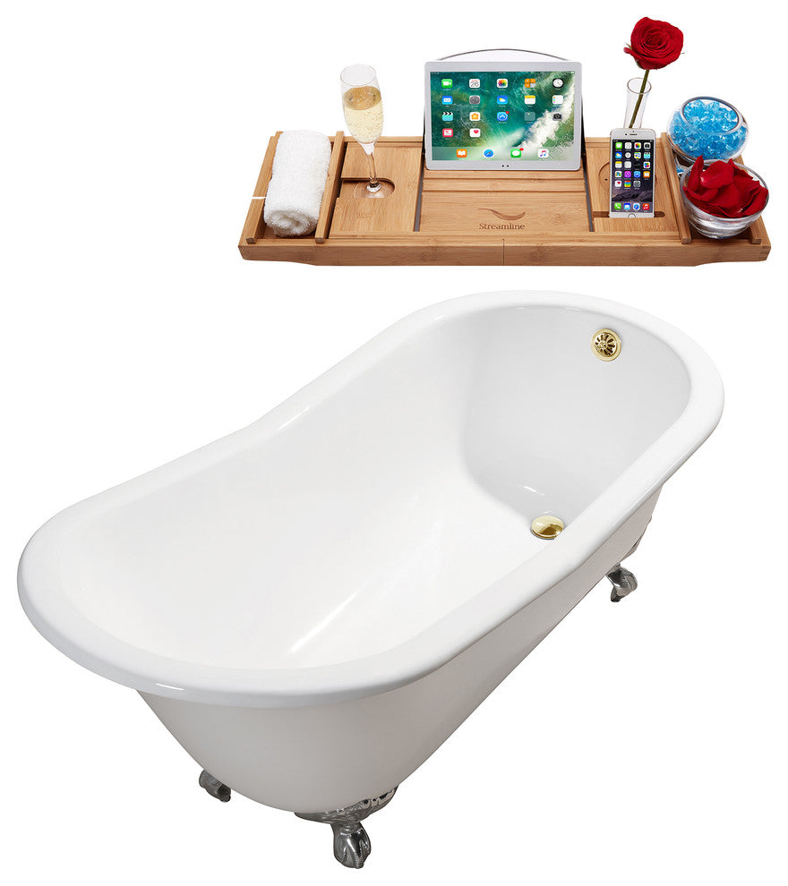 61" Cast Iron R5163GLD-CH Soaking Clawfoot Tub and Tray With External Drain