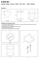 MODONA's 9.5" Double Glass Corner Shelf With Rail, Satin Nickel