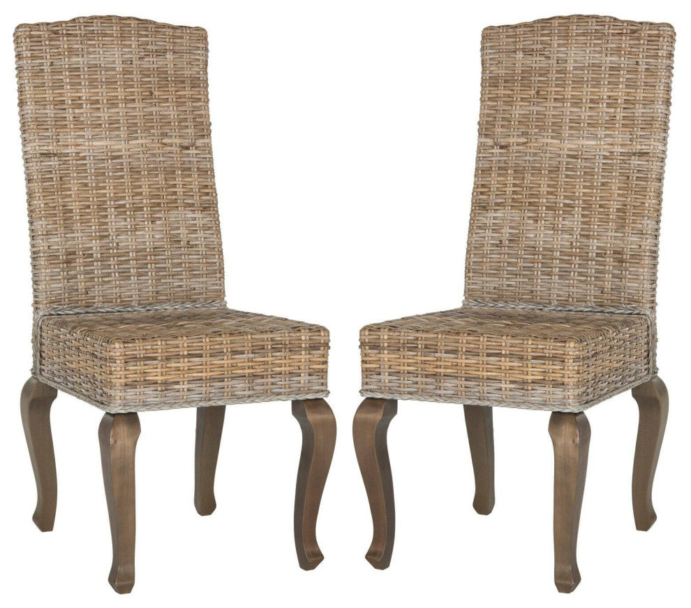 Set of 2 Dining Chair, Hardwood Frame With Rattan Wicker Seat & Back, White/Gray