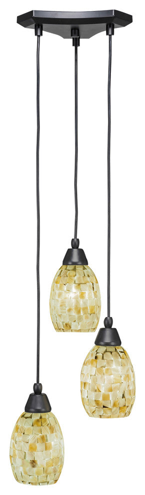 Europa 3-Light Cluster Pendalier, Matte Black/Ivory Glaze Seashell