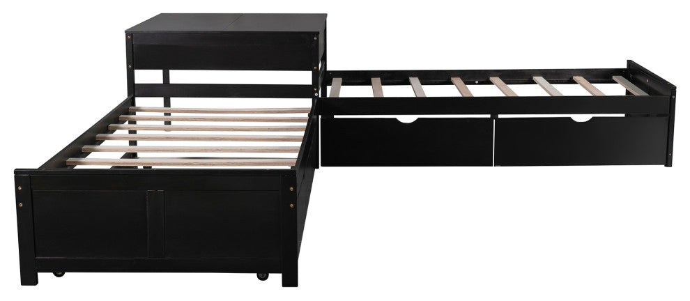 Twin Wood Frame Platform Bed with Trundle and Drawers Linked with built-in Desk,