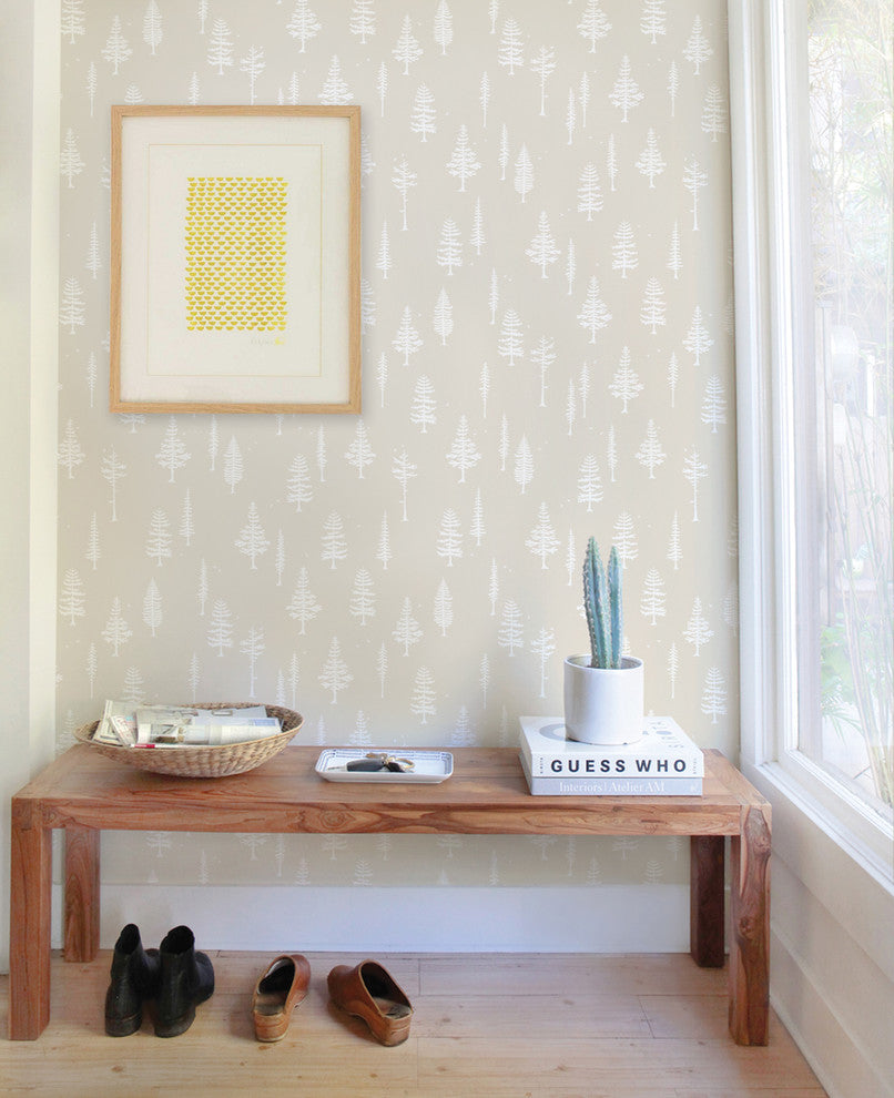 Tree With Birds Peel and Stick Vinyl Wallpaper, Beige, 24"w X 60"h