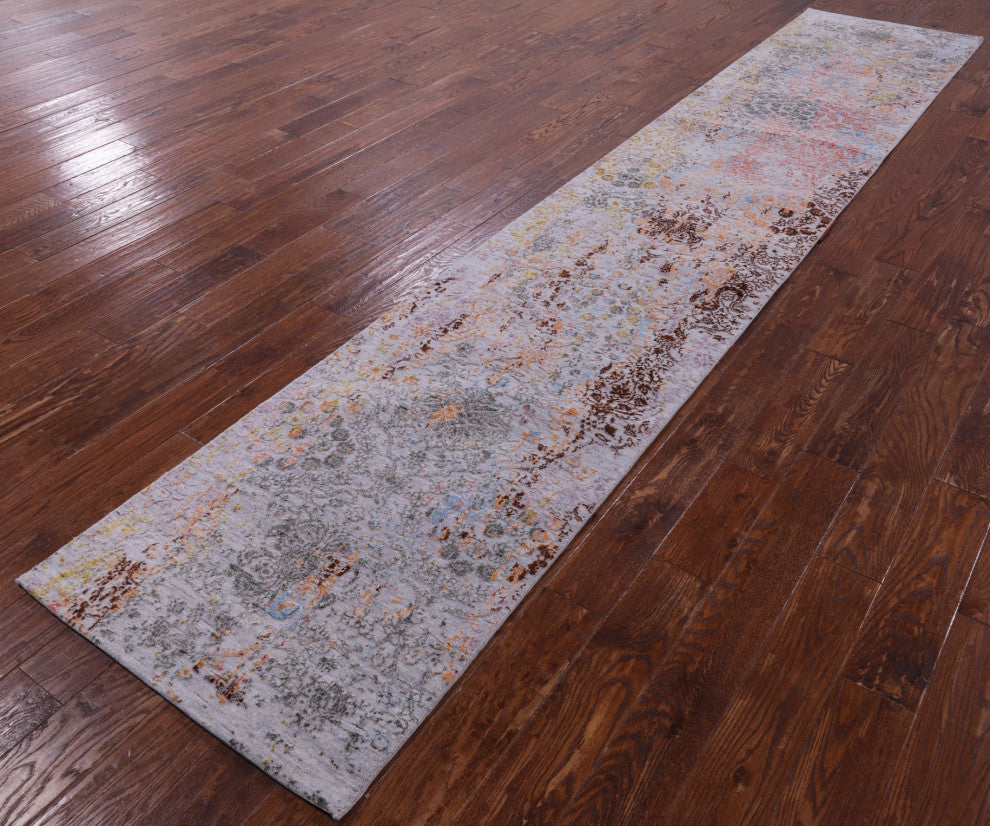 Runner Wool and Silk Modern Handmade Rug 2' 7" X 13' 10" Q9264