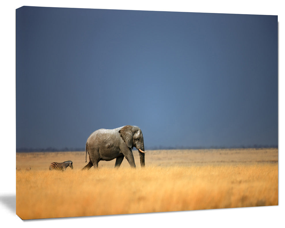 Elephant and Zebra Walking in Bush, African Canvas Art Print, 40"x30"