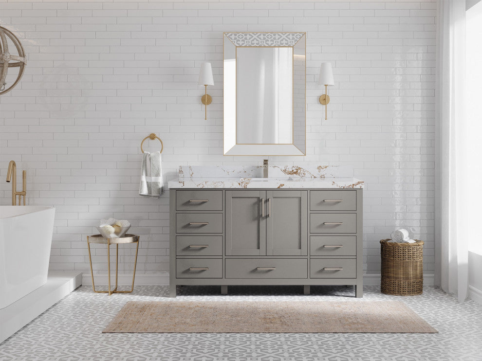 Malibu 60 Single Sink Bathroom Vanity in Elephant Skin Gray 2" Viola Gold