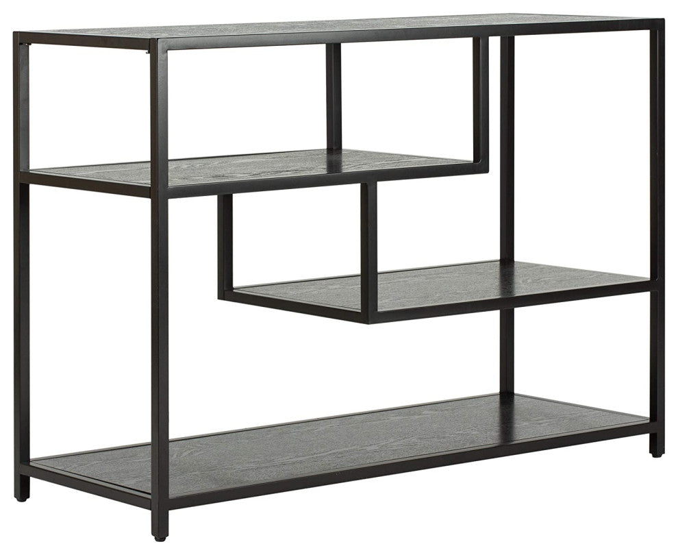 Unique Console Table, Metal Frame With Staggered Wooden Shelves, Black Finish