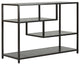 Unique Console Table, Metal Frame With Staggered Wooden Shelves, Black Finish