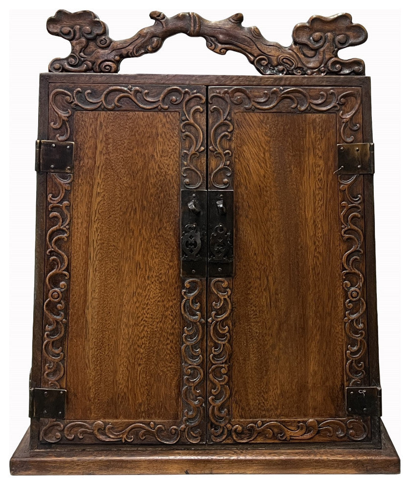 Chinese Distressed Wood RuYi Relief Motif Carved Drawers Box Chest Hws3050