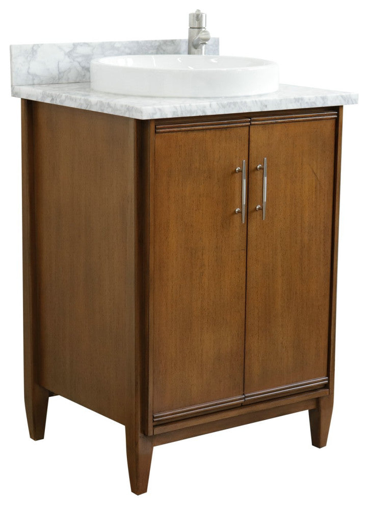 25" Single Sink Vanity, Walnut Finish, White Carrara Marble and Round Sink