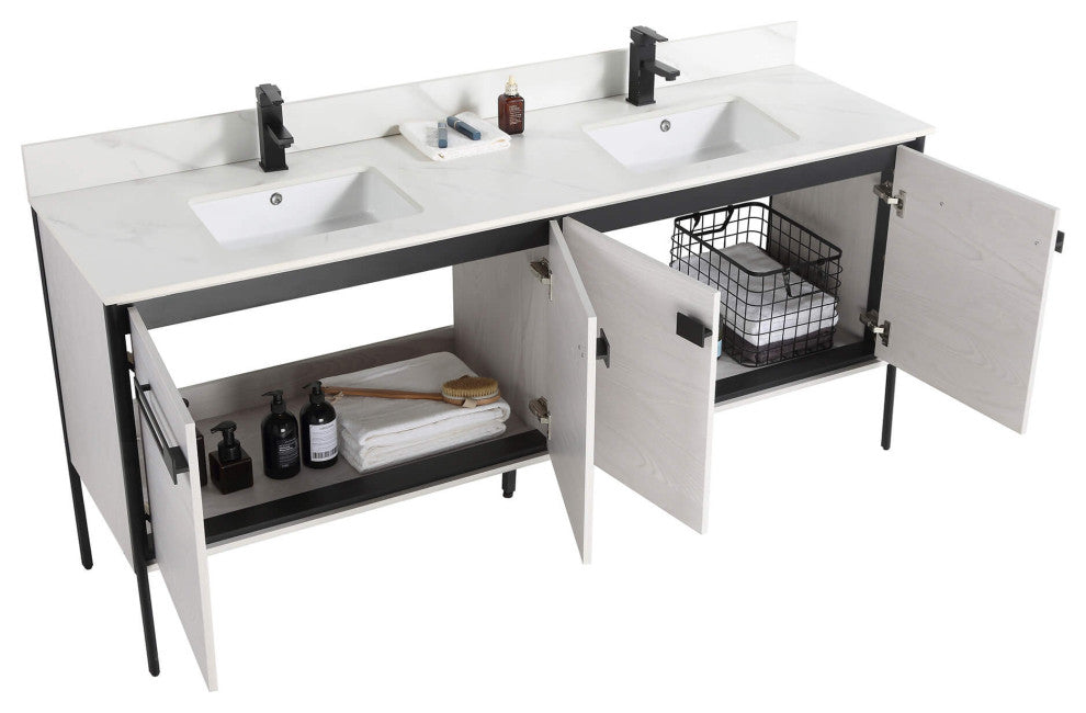 Oakville Bath Vanity, Ceramic Sink, Mild Grey Oak, 72 Inch, Black Hardware