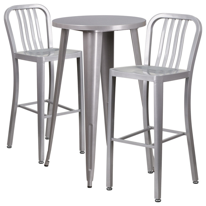 24'' Round Metal Indoor-Outdoor Bar Table and Stools, 3-Piece Set, Silver