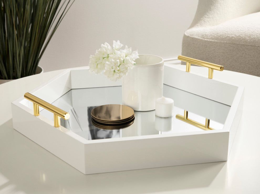 Lipton Hexagon Decorative Tray with Metal Handles, White/Mirror 18x18