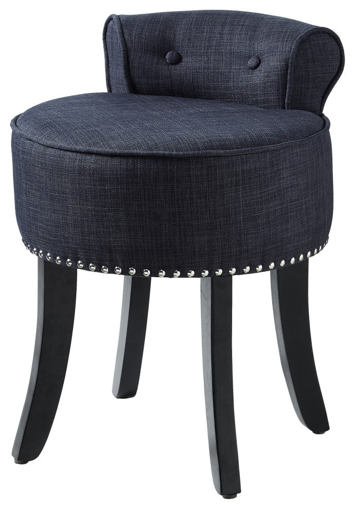Ludovic Linen Contemporary Nailhead Trim Rolled Back Vanity Stool, Dark Grey