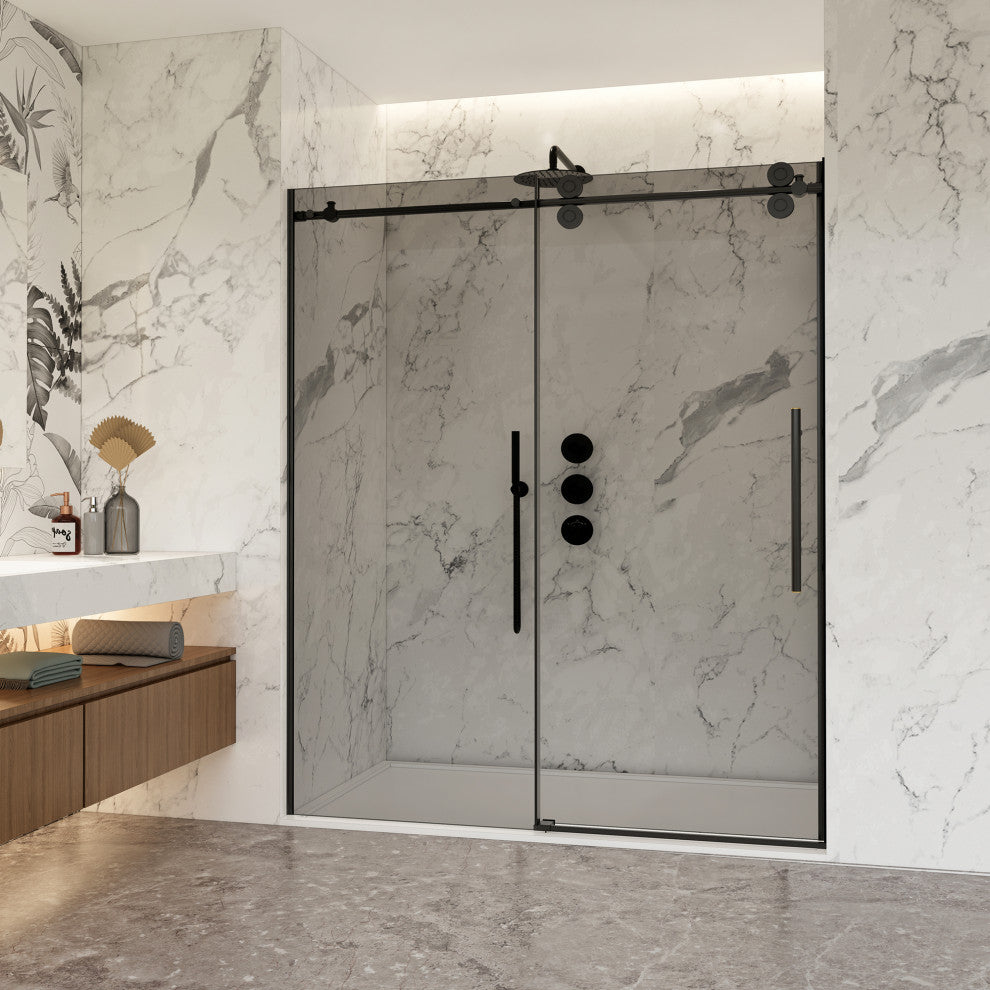 Echarri Single Sliding Frameless Shower Door, Tinted Glass, Matte Black, 68" W X 78"h