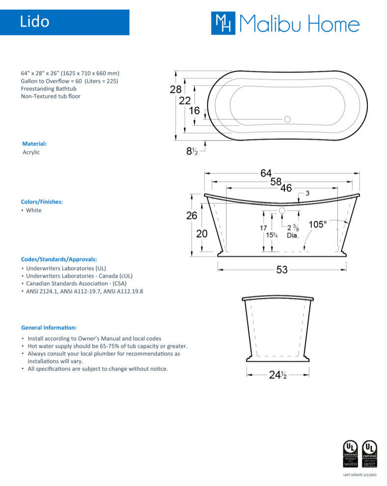 Malibu Lido Oval Soaking Bathtub 64x28x26 Smooth Brass