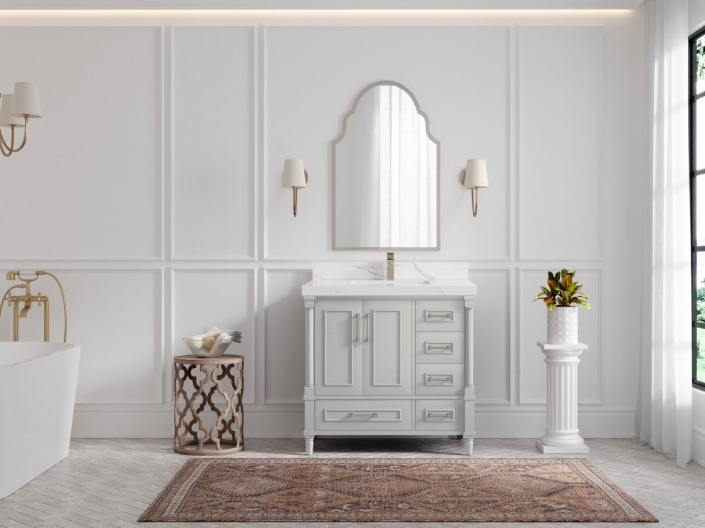 Aberdeen 36 Center Sink Bath Vanity in Coventry Gray 2" Calacatta Laza