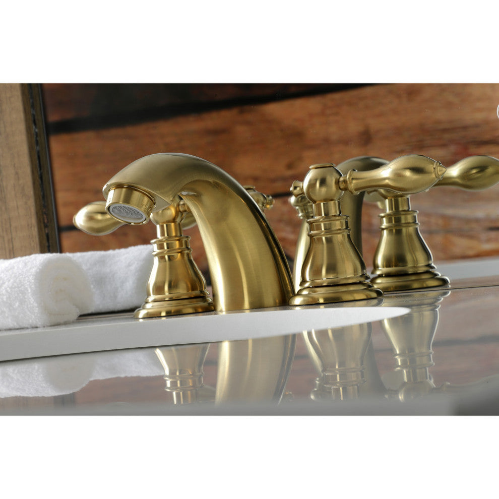 KB957ACLSB Widespread Bathroom Faucet With Plastic Pop-Up, Brushed Brass