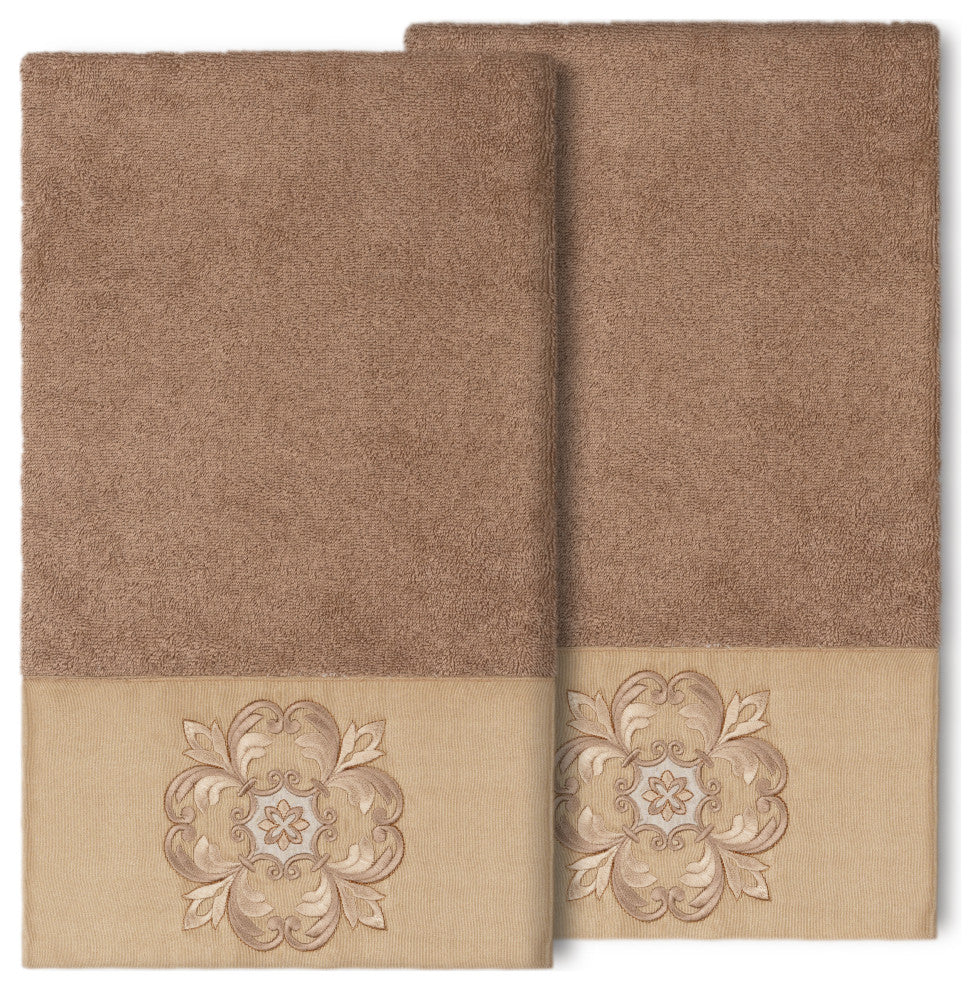 100% Turkish Cotton Alyssa 2-Piece Embellished Bath Towel Set, Latte
