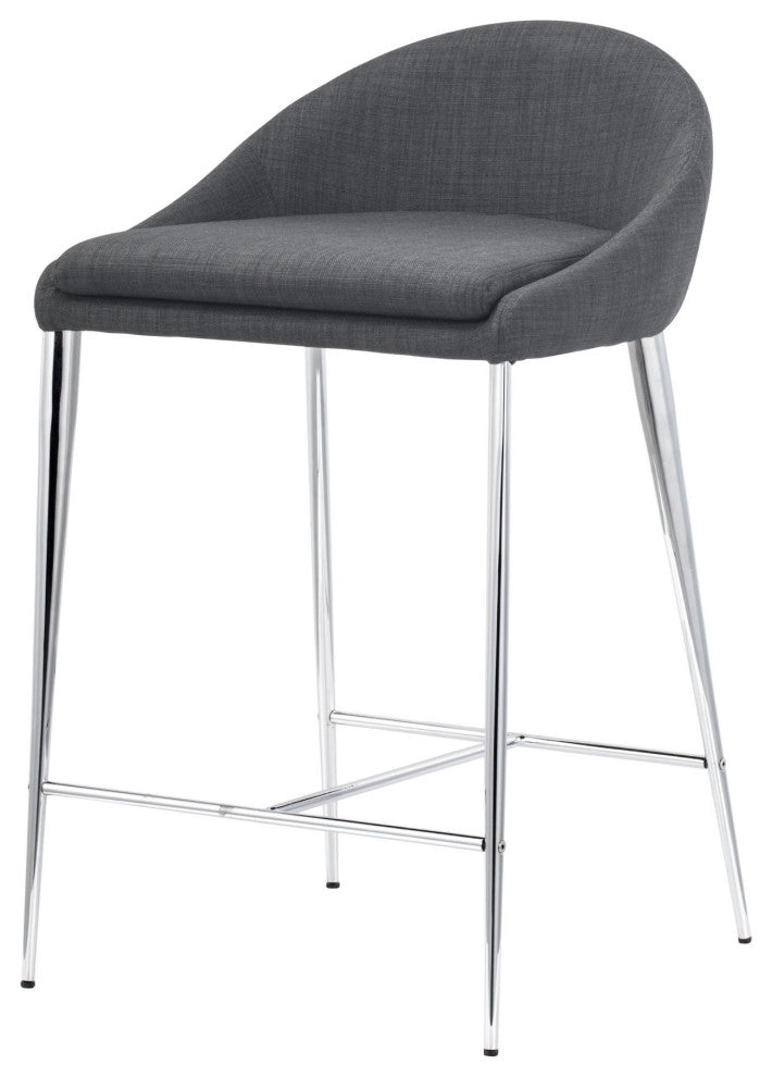 Counter Stool Chair, Set of 2, Steel Metal, Fabric, Gray, Chrome