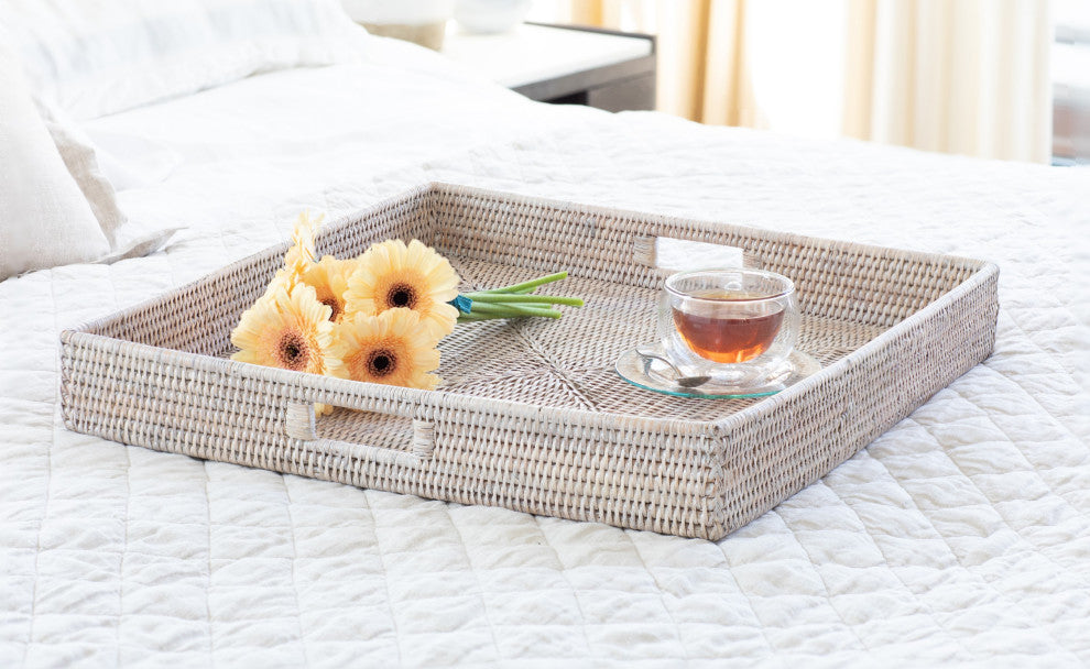 Artifacts Rattan™ Square Ottoman Tray with Cutout Handles, White Wash, 20"x20"