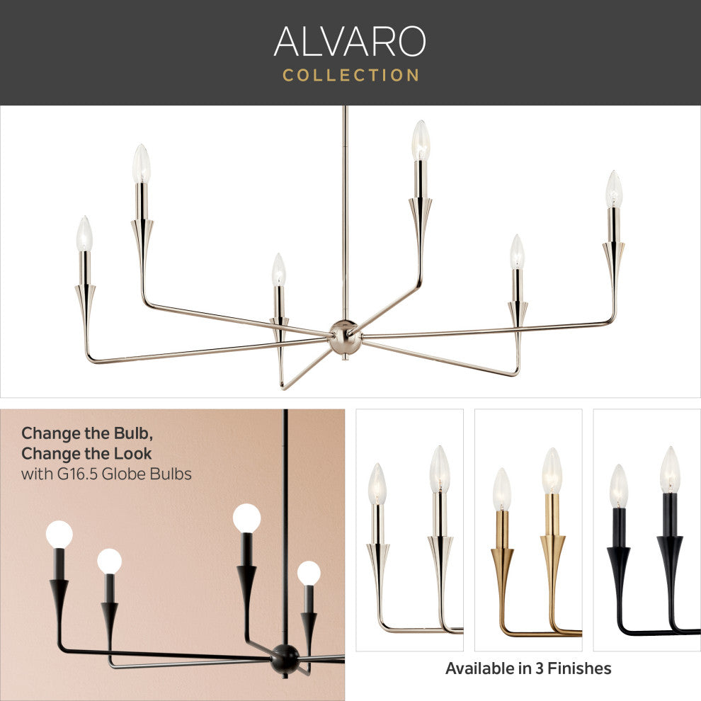 Alvaro Chandelier, Polished Nickel, 5 Light