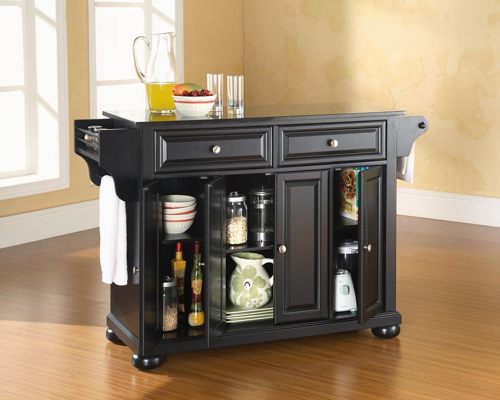Alexandria Solid Black Granite Top Kitchen Island, Black