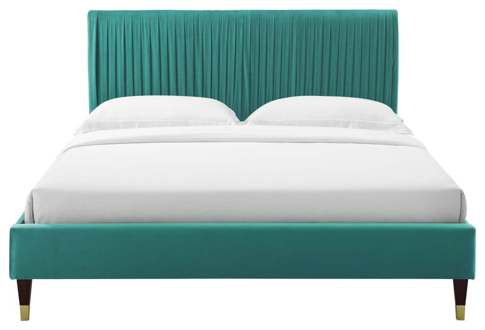 Platform Bed Frame, Full Size, Velvet, Teal Blue, Modern Contemporary, Bedroom