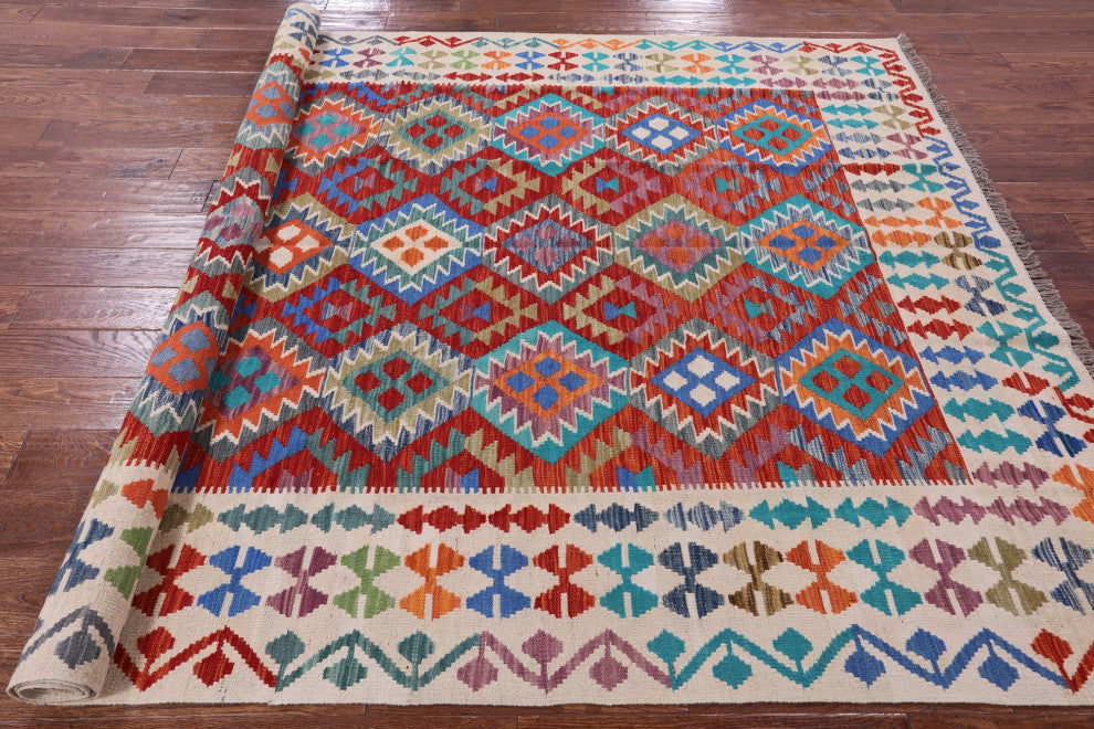 6' 7" X 9' 9" Reversible Flat Weave Kilim Wool On Wool Rug - Q12549