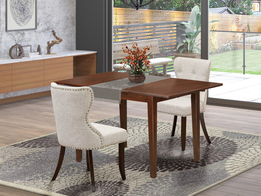 A Dinette Set Of 2 Parson Chairs, 12" Butterfly Leaf Rectangle Table, Mahogany