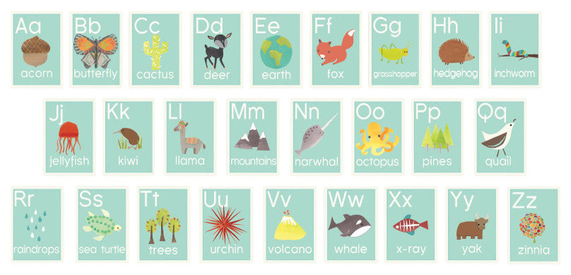 Blue Nature Alphabet Card, Print , 26 Piece Set, 5"x7"
