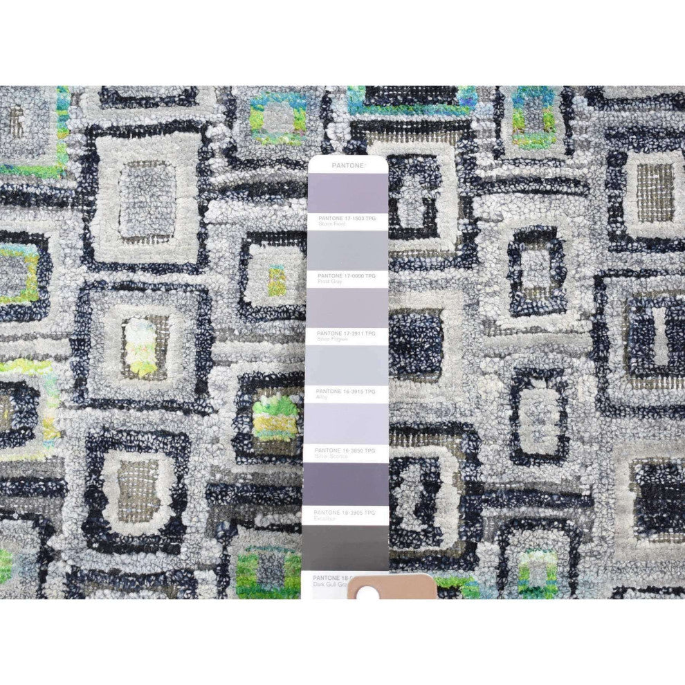 Gray, Silk With Wool, Psefas Square Design Hand Knotted Rug, 9'0"x12'3"