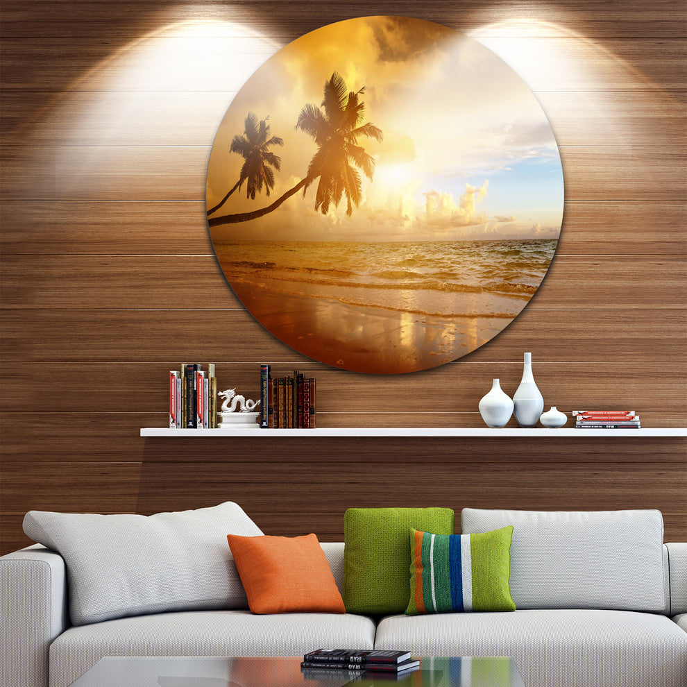 Beautiful Palms At The Caribbean Beach, Seascape Round Artwork, 11"
