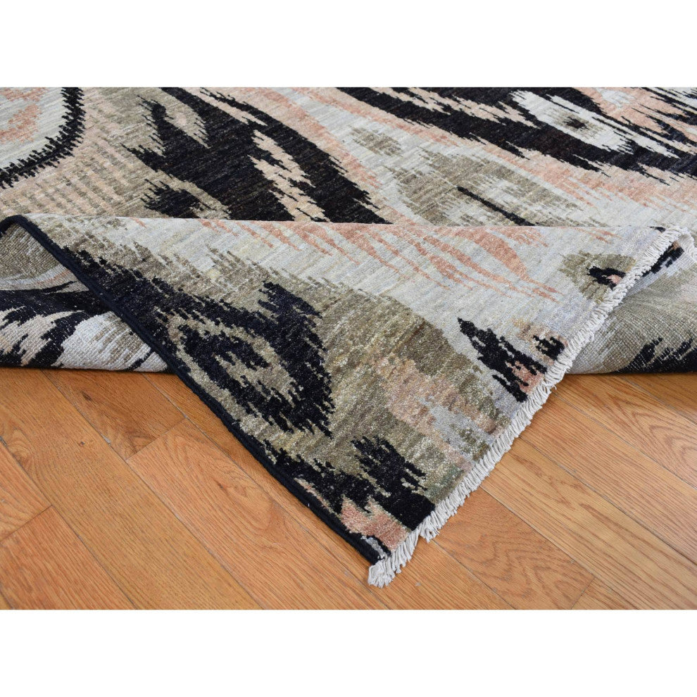 Eerie Black 100% Wool Ikat Uzbek Design Hand Knotted Oriental Rug 9'1" x 13'