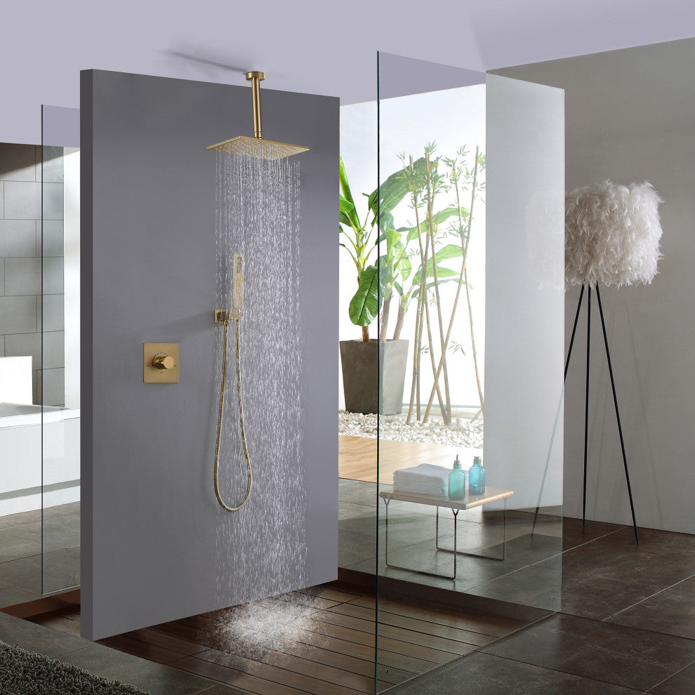 Ceiling Mounted Rain Shower System with Hand Shower-Includes Rough-in Valve, Brushed Gold