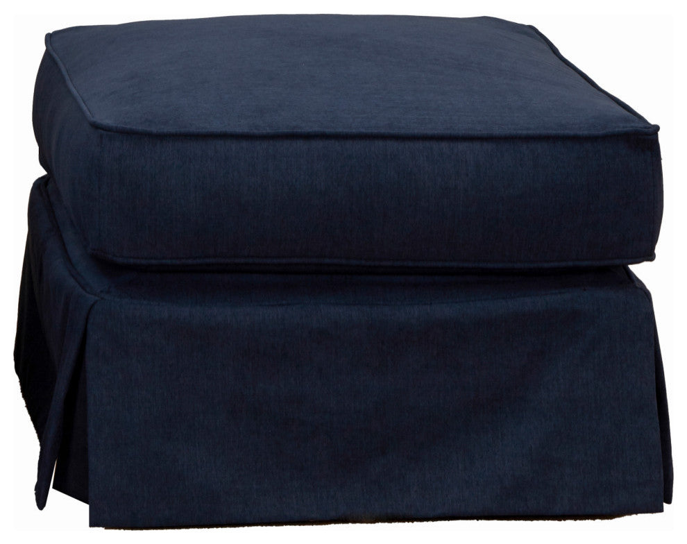 Box Cushion Slipcovered Ottoman, Stain Resistant Performance Fabric, Navy Blue
