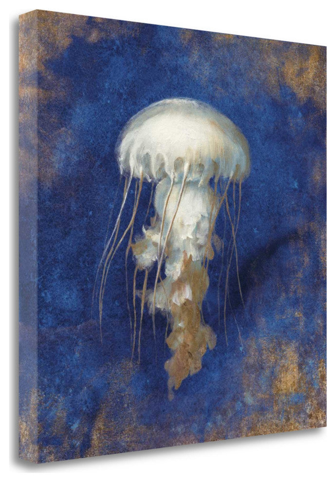 30"  Rustic Deep Blue and Gold Jelly Fish Giclee Wrap Canvas Wall Art
