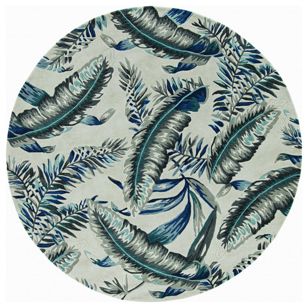 3' X 5' Grey Or Blue Tropical Leaves Wool Area Rug