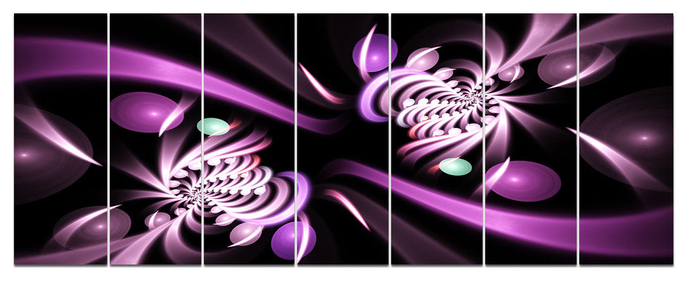 Purple on Black 3D Surreal Art, Floral Canvas Art Print, 83"x32", 7 Panels