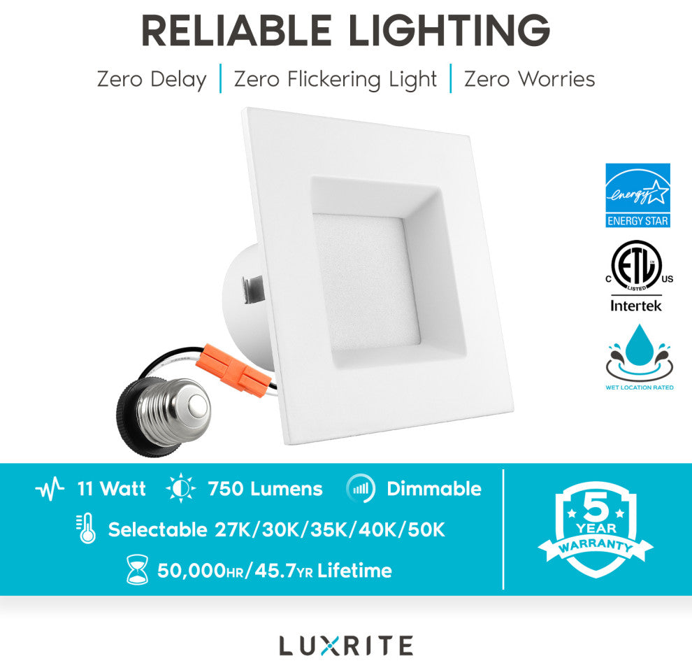 4" Square Recessed LED Lights 5 CCT Dimmable 750lm 6-Pack