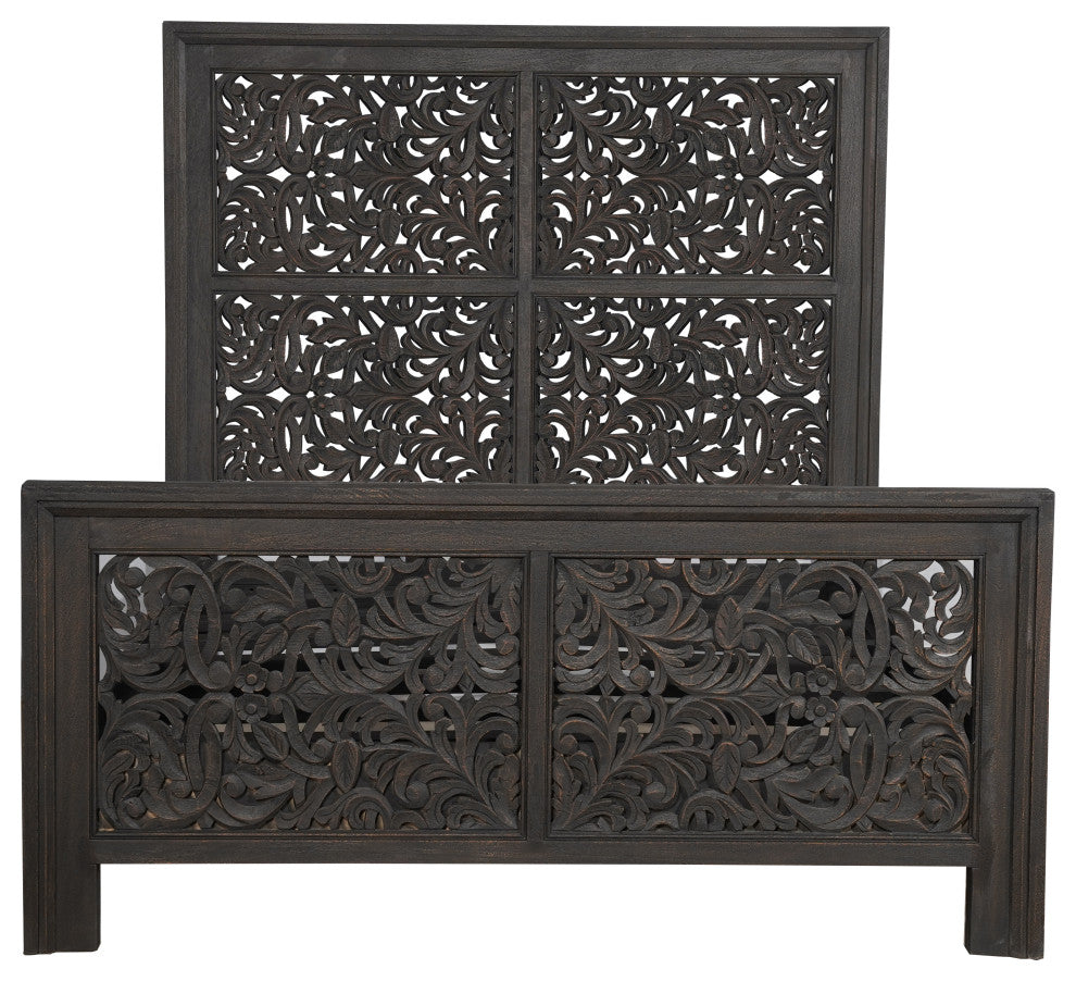 Abigail Floral Carved Solid Wood Queen Panel Bed, Black, Queen
