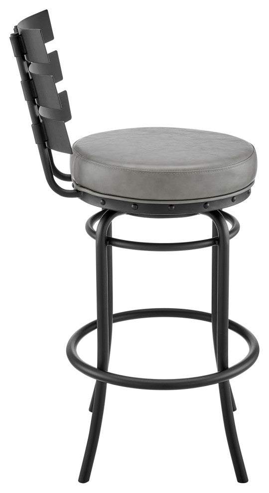 Natya Swivel Stool in Black Finish With Gray Faux Leather, 30"