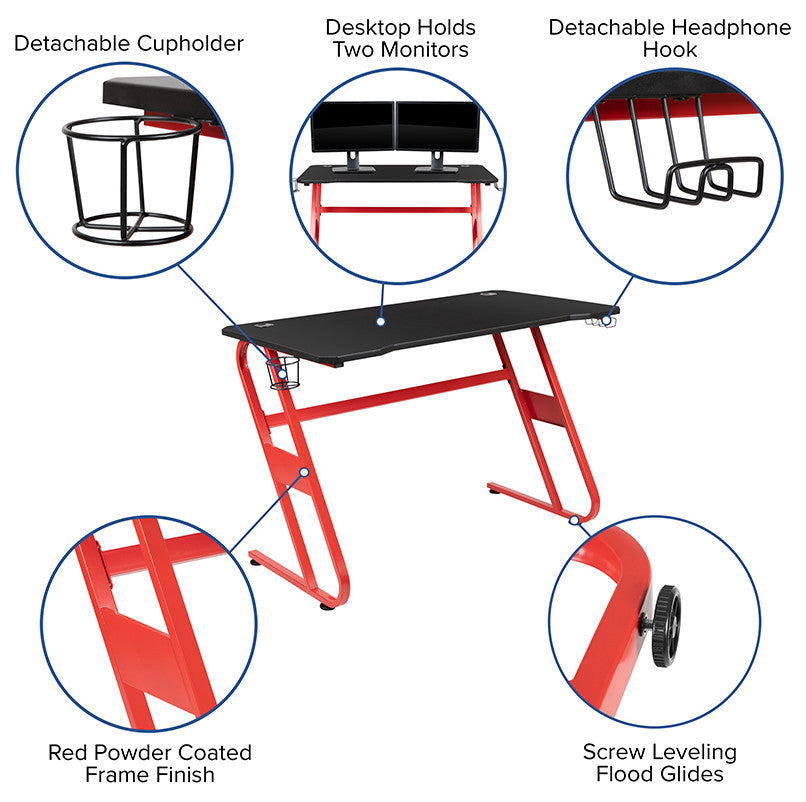 Red Gaming Desk and Black Racing Chair Set with Cup Holder and Headphone Hook