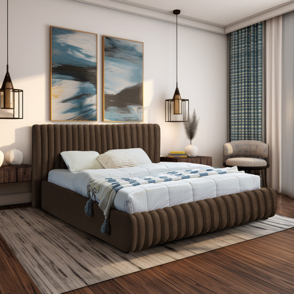 Nico Black Velvet Upholstered Bed, Brown, Queen