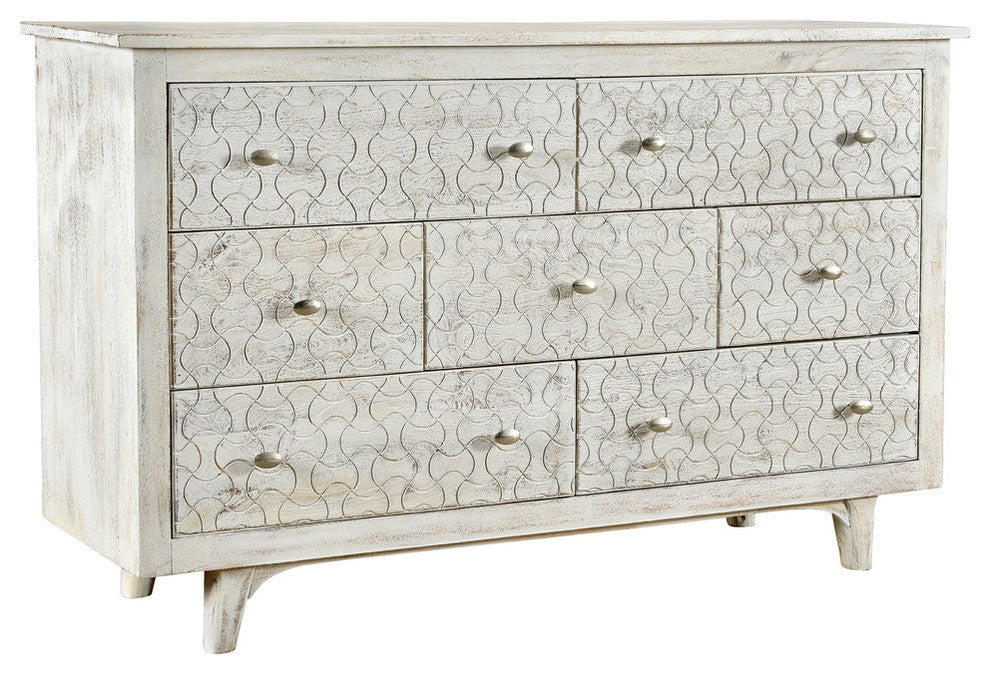 Gridley Hand-Carved 7-Drawer Nightstand on Mango Solid Wood, White
