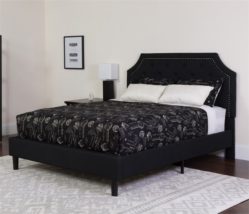 Brighton Full Size Tufted Platform Bed-Black Fabric With Pocket Spring Mattress
