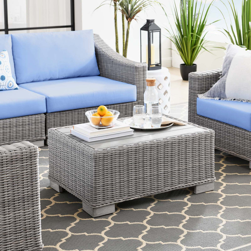 Lounge Sectional Sofa Chair Table Set, Rattan, Wicker, Gray Blue, Outdoor